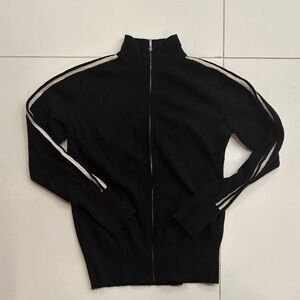 The cashmere project Black Zip-Up Sweater with White Stripes